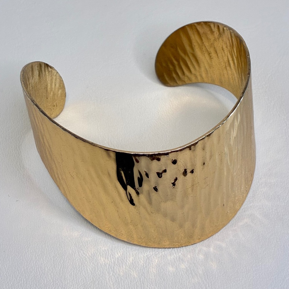 Vintage Gold Tone Hammered Wide Cuff Statement Bracelet Estate